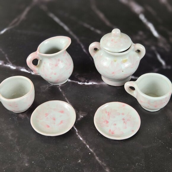 Porcelain Miniature Tea Set White Pink 21 Pieces Display Only Not a Toy - Picture 4 of 12